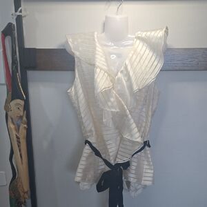 Sheer Striping White Ruffled Sleevless Women's Blouse